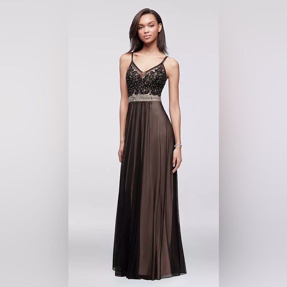 Betsy & Adam Womens 12 Maxi Gown Lace Mesh Black Nude Whimsigoth Dark Fairy Prom